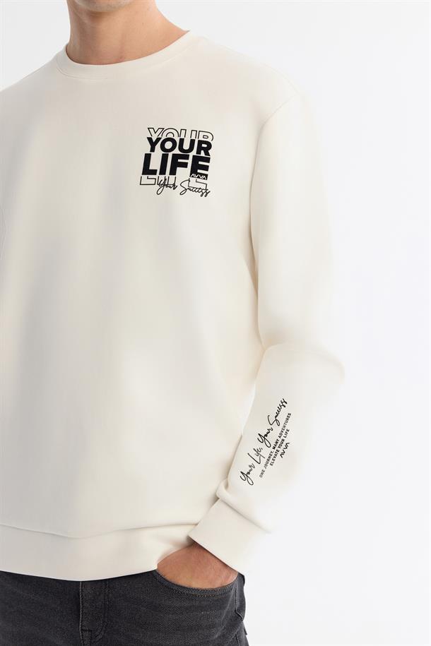 Ekru Bisiklet Yaka Pamuklu Baskılı Elastan Sweatshirt