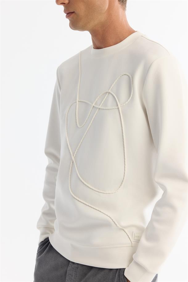 Ekru Bisiklet Yaka Pamuklu Nakışlı Sweatshirt