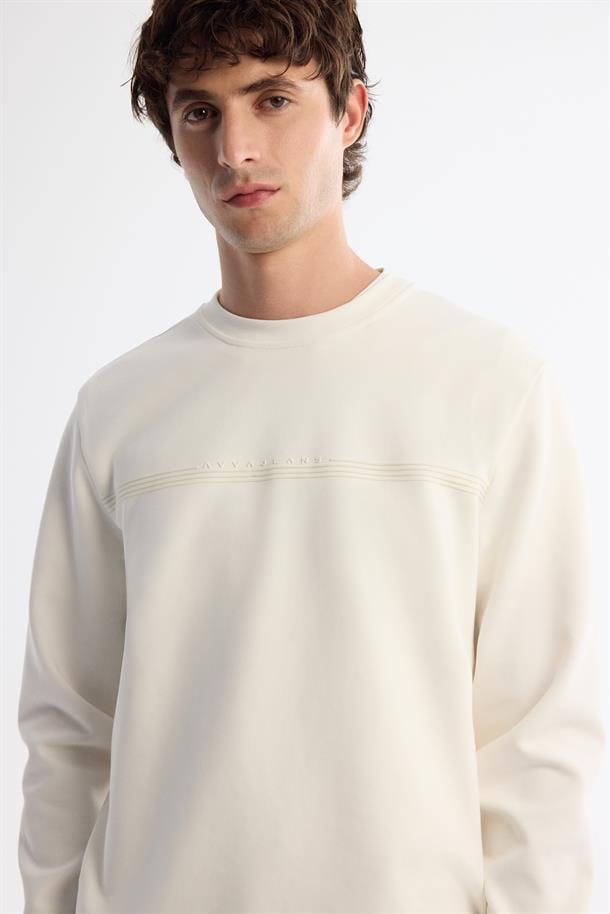 Ekru Bisiklet Yaka Pamuklu Baskılı Elastan Sweatshirt