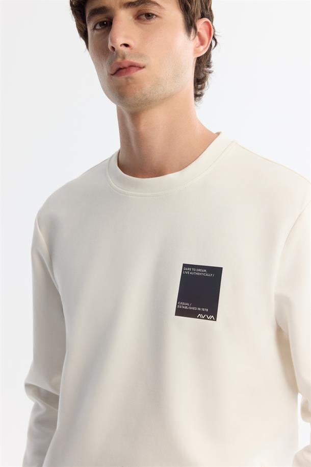 Ekru Bisiklet Yaka Pamuklu Baskılı Elastan Sweatshirt