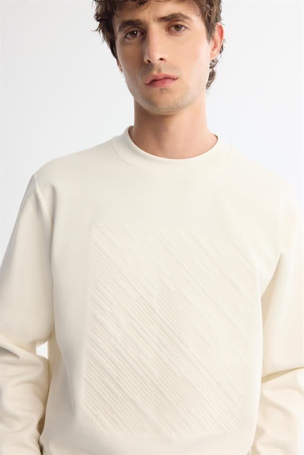 Ekru Bisiklet Yaka Pamuklu Baskılı Elastan Sweatshirt