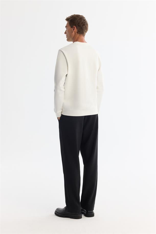 Ekru Bisiklet Yaka Pamuklu Baskılı Sweatshirt