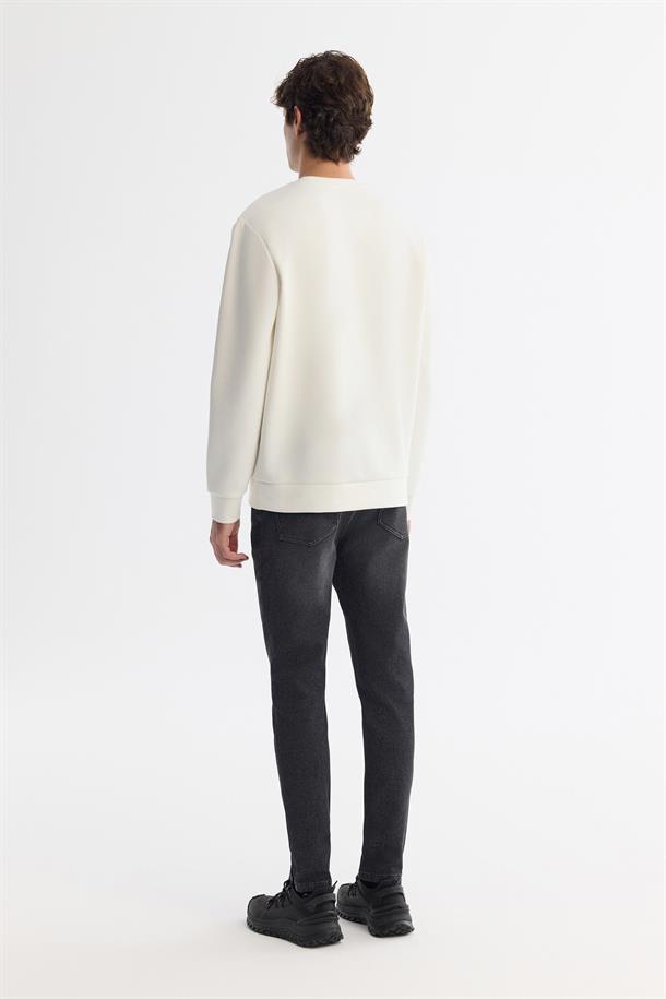 Ekru Bisiklet Yaka Pamuklu Baskılı Elastan Sweatshirt