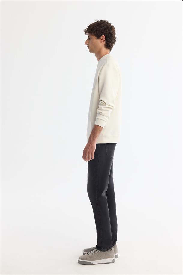 Ekru Bisiklet Yaka Pamuklu Baskılı Elastan Sweatshirt