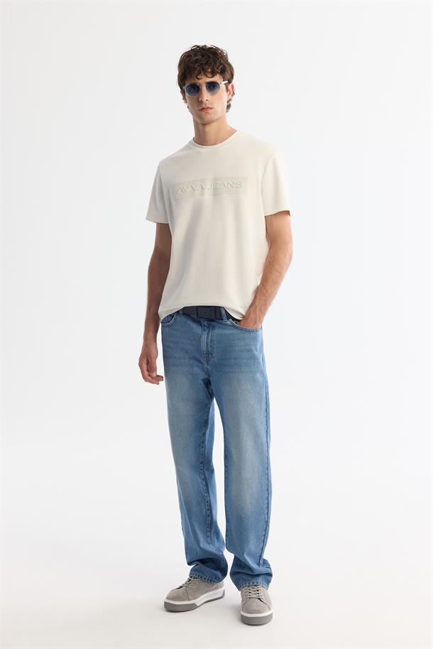 Ekru Bisiklet Yaka Baskılı Elastan T-Shirt