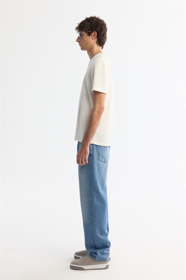 Ekru Bisiklet Yaka Baskılı Elastan T-Shirt