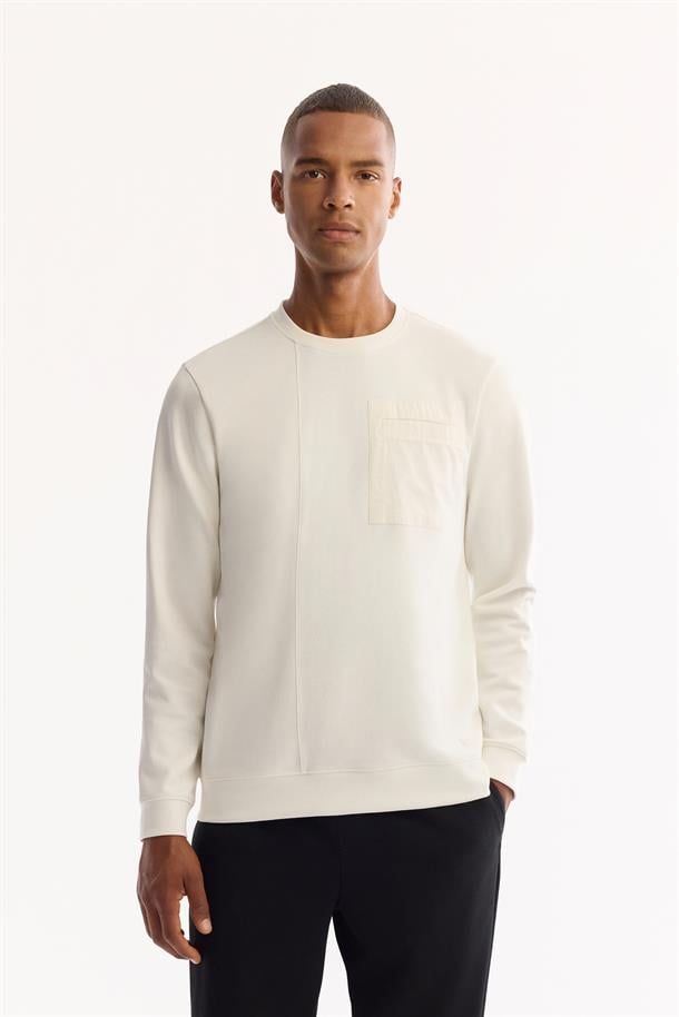 Ekru Bisiklet Yaka Kolay Ütülenen Bi-Stretch Sweatshirt