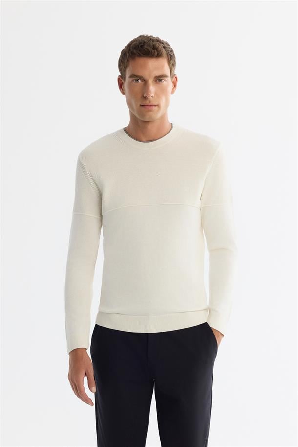 Ekru Bisiklet Çift Yaka Dokulu Pamuklu Triko Kazak