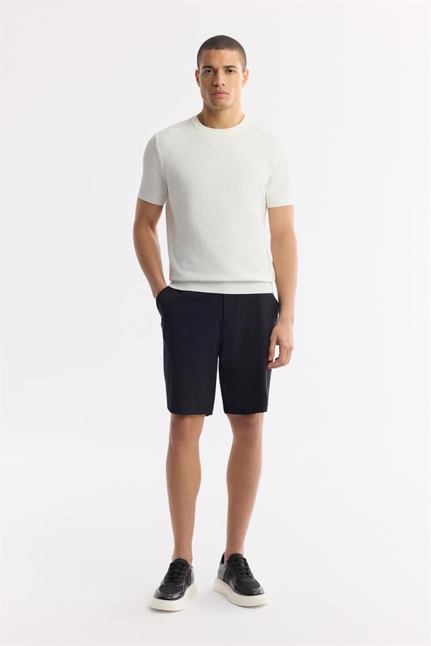 Ekru Bisiklet Yaka Viskon Karışımlı Triko T-Shirt