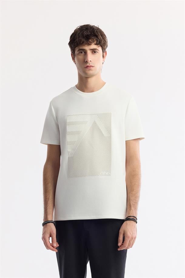 Ekru Bisiklet Yaka Baskılı Bi-Stretch İnterlok T-Shirt