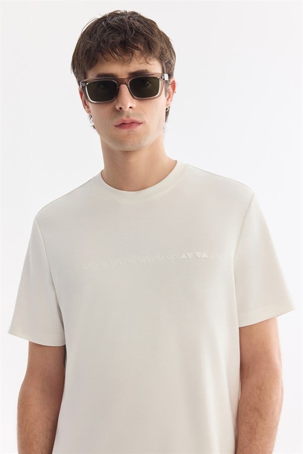 Ekru Bisiklet Baskılı Viskon Karışımlı İnterlok T-Shirt