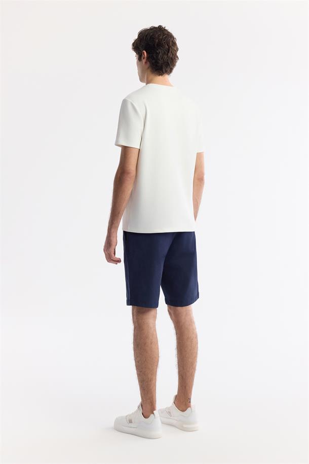 Ekru Bisiklet Yaka Baskılı Bi-Stretch İnterlok T-Shirt