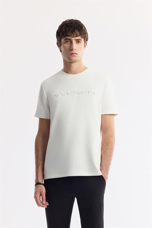 Ekru Bisiklet Yaka Baskılı Bi-Stretch İnterlok T-Shirt