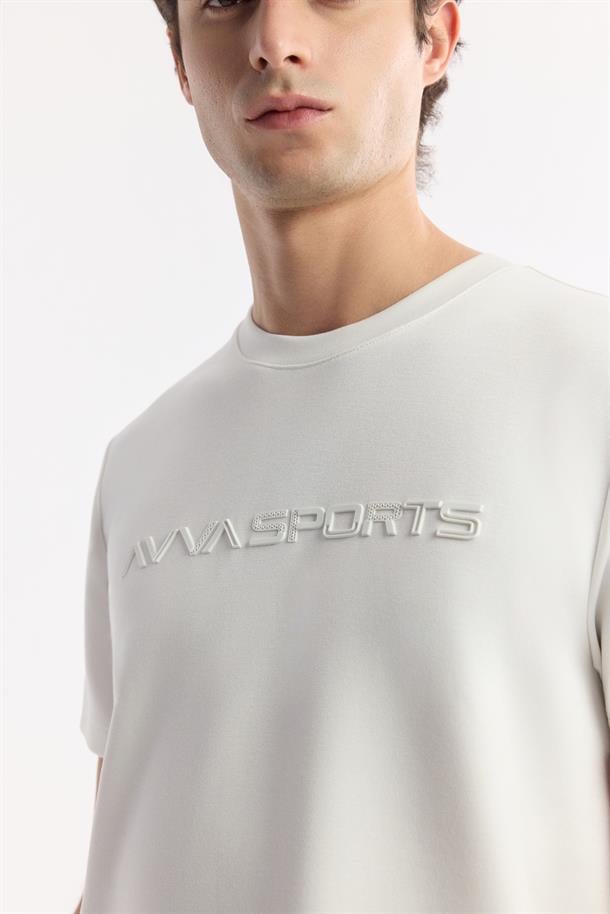 Ekru Bisiklet Yaka Baskılı Bi-Stretch İnterlok T-Shirt