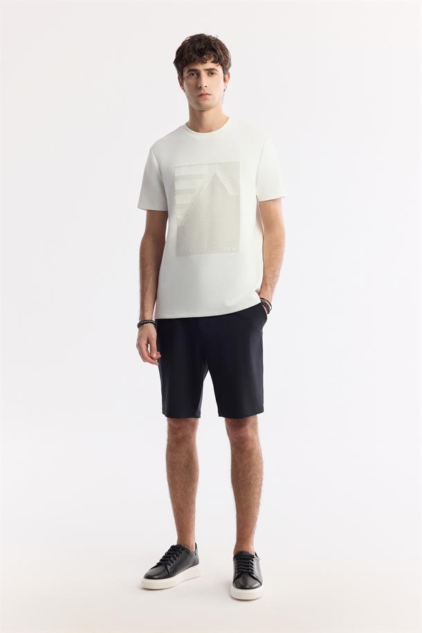 Ekru Bisiklet Yaka Baskılı Bi-Stretch İnterlok T-Shirt