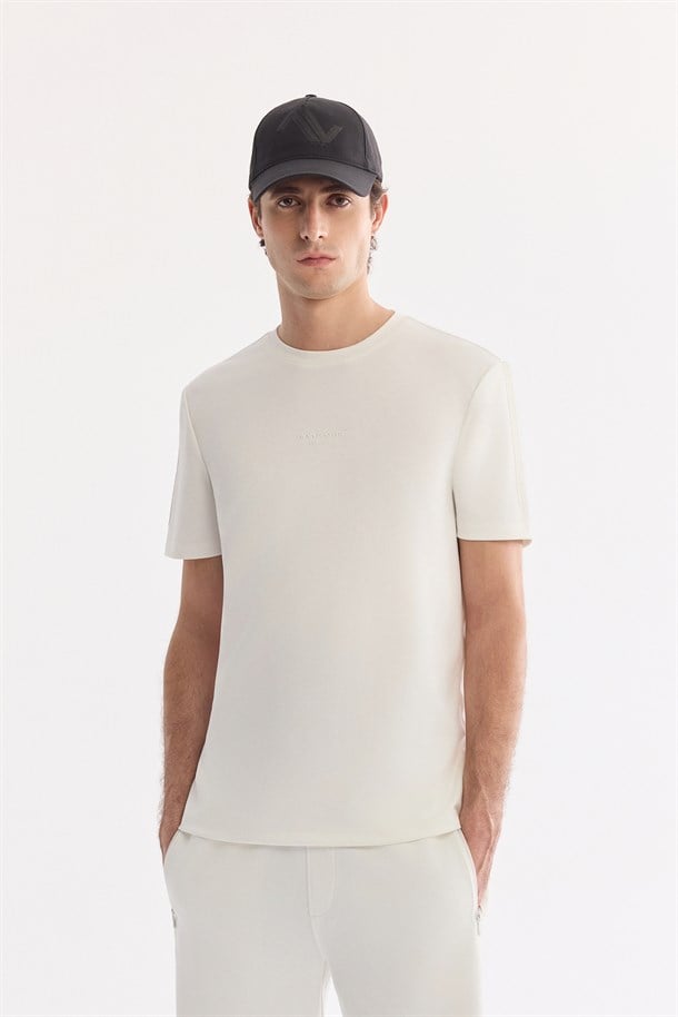 Ekru Bisiklet Yaka Baskılı Viskon Karışımlı İnterlok T-Shirt