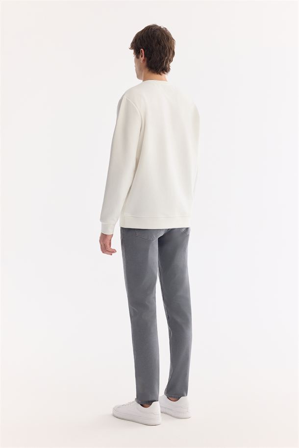 Ekru Bisiklet Yaka Pamuklu Kolay Ütülenen Sweatshirt