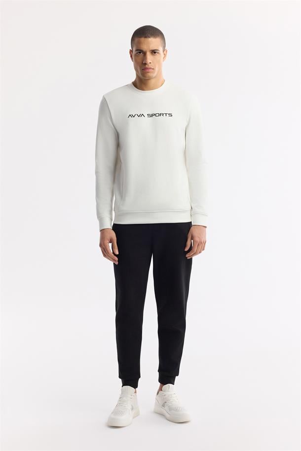 Ekru Bisiklet Yaka Baskılı Bi-Stretch İnterlok Sweatshirt