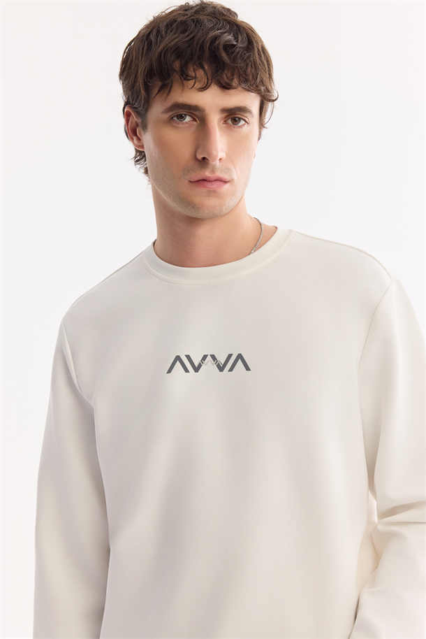 Ekru Bisiklet Yaka Pamuklu Kolay Ütülenen Sweatshirt