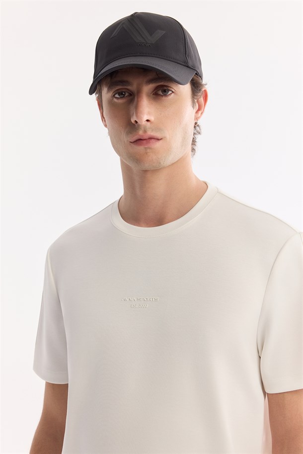 Ekru Bisiklet Yaka Baskılı Viskon Karışımlı İnterlok T-Shirt
