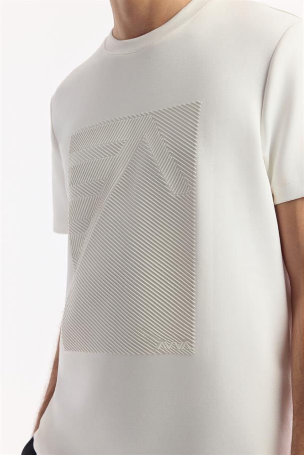 Ekru Bisiklet Yaka Baskılı Bi-Stretch İnterlok T-Shirt