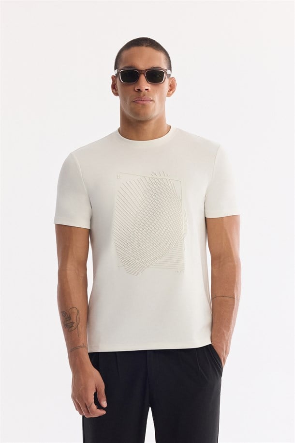 Ekru Bisiklet Yaka Baskılı İnterlok T-Shirt