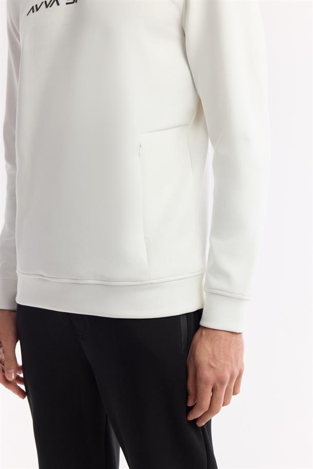 Ekru Bisiklet Yaka Baskılı Bi-Stretch İnterlok Sweatshirt