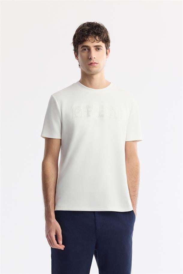 Ekru Bisiklet Yaka Baskılı Bi-Stretch İnterlok T-Shirt