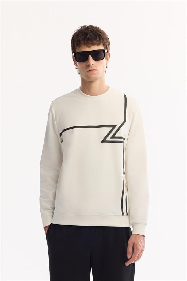 Ekru Bisiklet Yaka Kolay Ütülenen Bi-Stretch Baskılı Sweatshirt