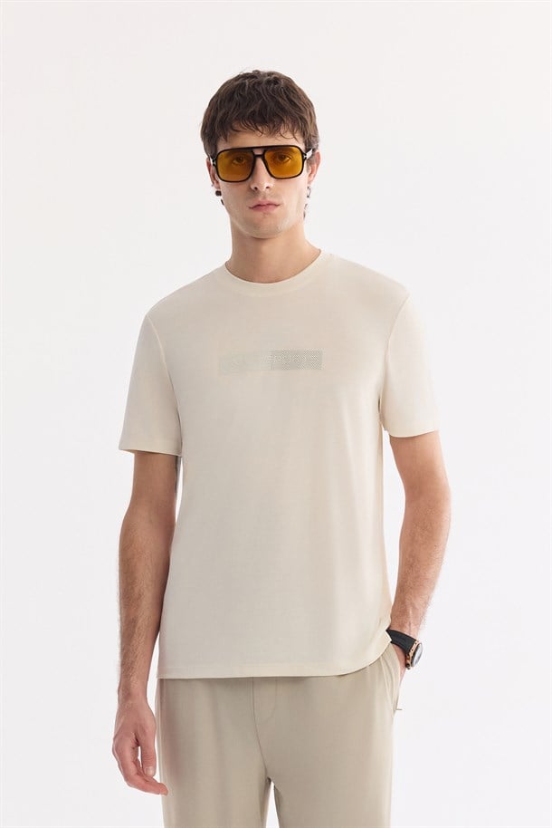 Ekru Bisiklet Yaka Enjeksiyon Baskılı Cupra Süprem T-Shirt