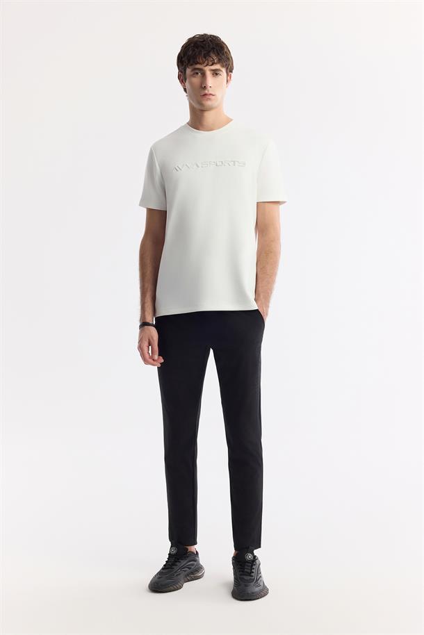 Ekru Bisiklet Yaka Baskılı Bi-Stretch İnterlok T-Shirt