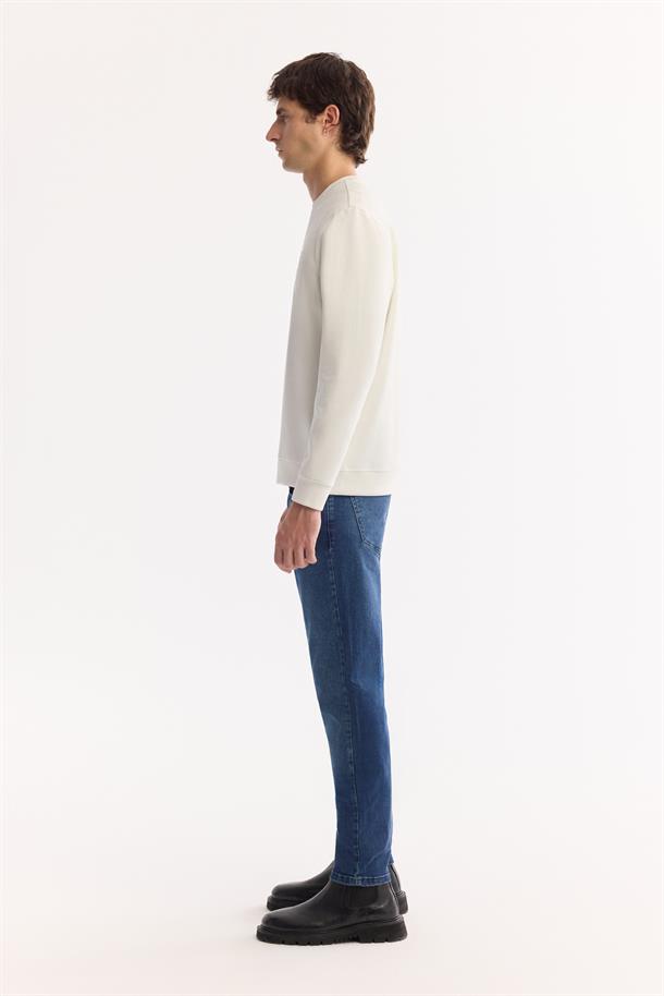 Ekru Bisiklet Yaka Kolay Ütülenen Bi-Stretch Baskılı Sweatshirt