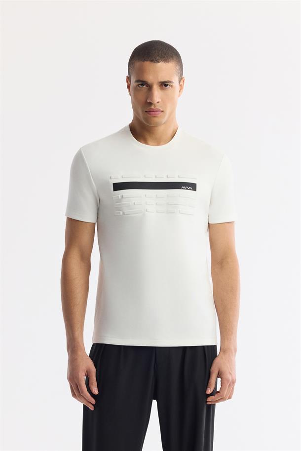 Ekru Bisiklet Yaka Baskılı Bi-Stretch İnterlok T-Shirt