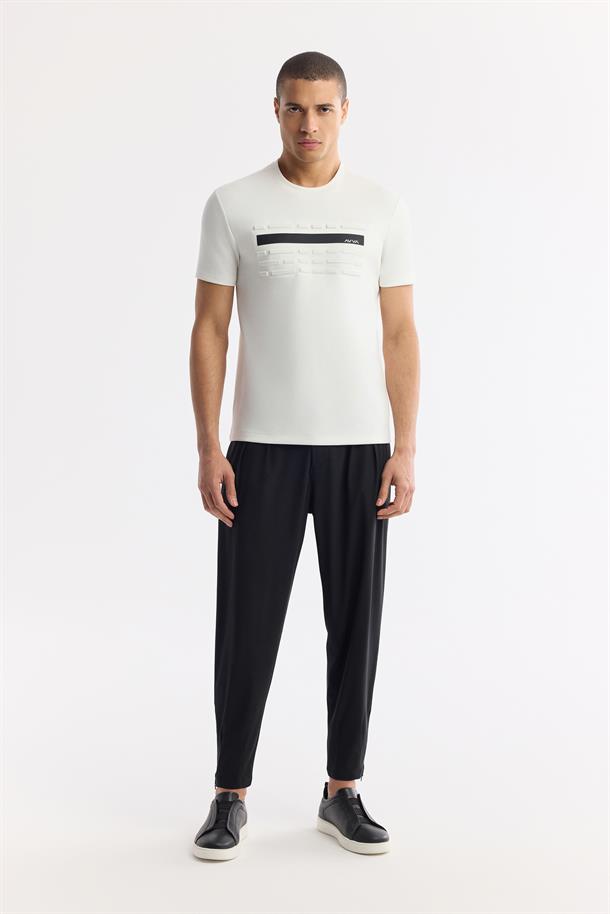 Ekru Bisiklet Yaka Baskılı Bi-Stretch İnterlok T-Shirt