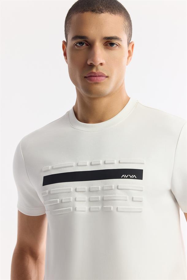 Ekru Bisiklet Yaka Baskılı Bi-Stretch İnterlok T-Shirt
