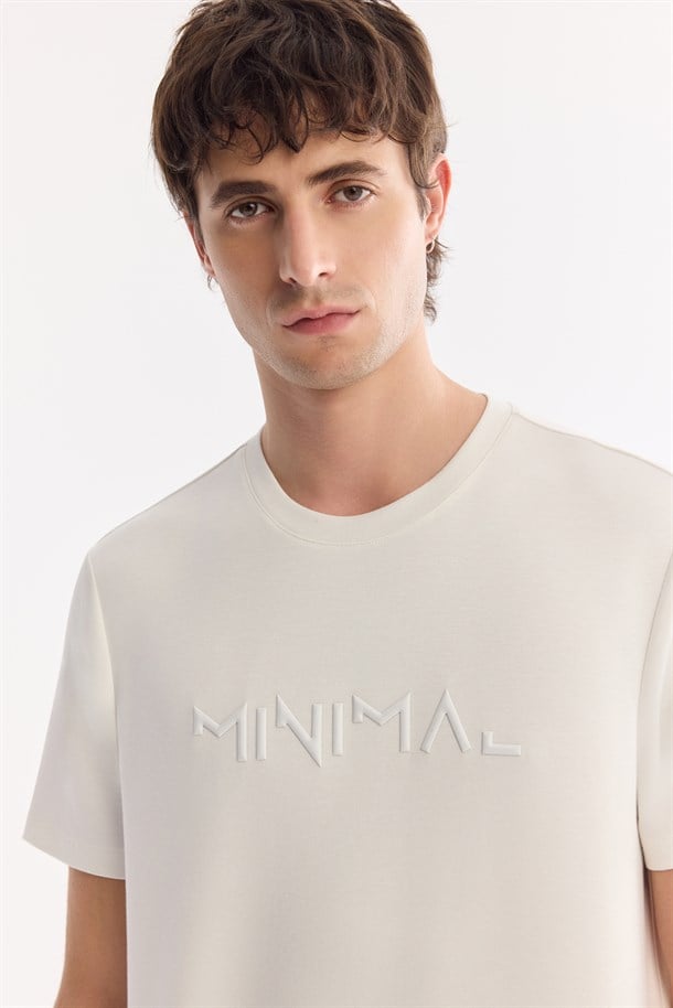 Ekru Bisiklet Yaka Baskılı İnterlok T-Shirt