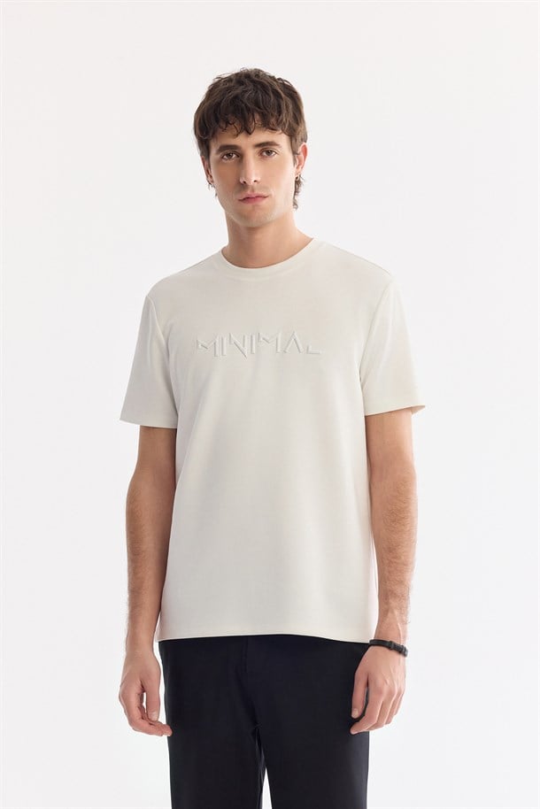 Ekru Bisiklet Yaka Baskılı İnterlok T-Shirt
