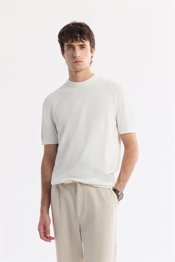 Ekru Bisiklet Yaka Rayon Triko T-Shirt