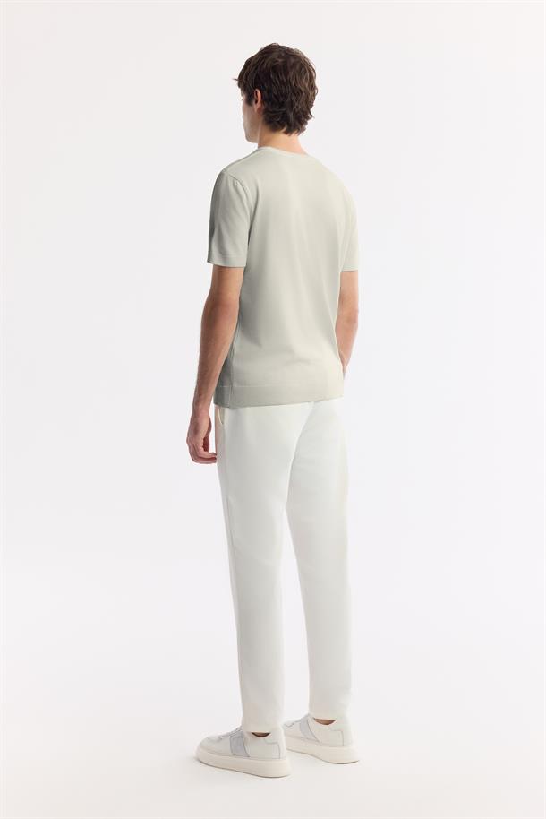 Ekru Bisiklet Yaka Viskon Karışımlı Dokulu Triko T-Shirt