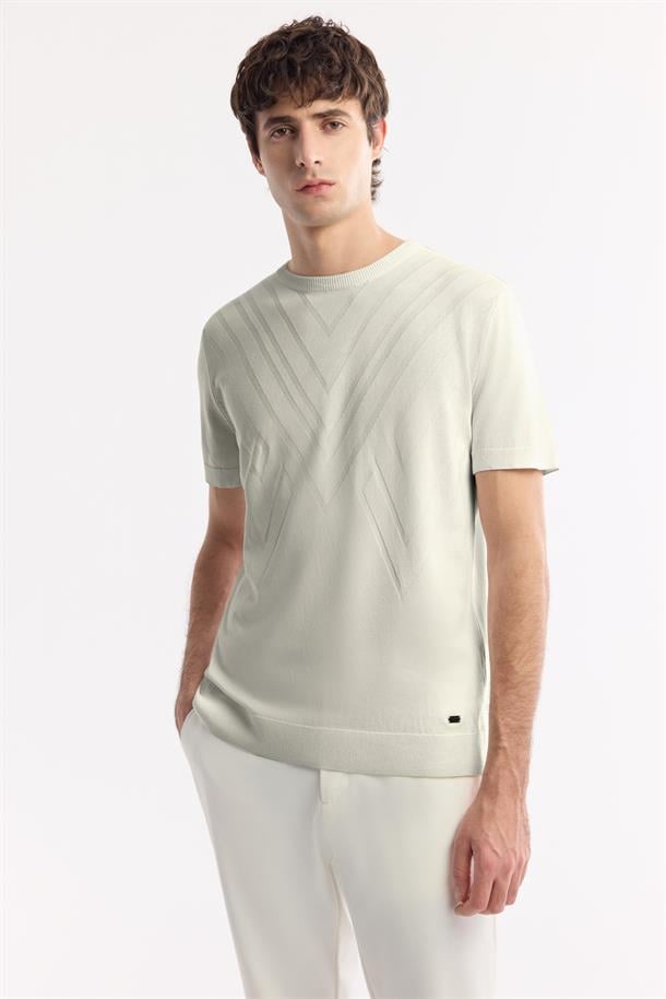 Ekru Bisiklet Yaka Viskon Karışımlı Dokulu Triko T-Shirt