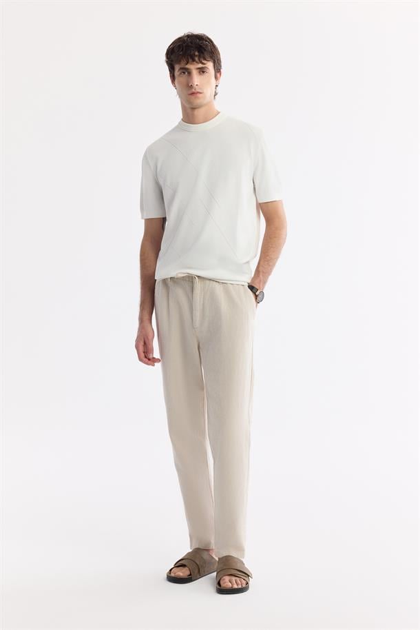 Ekru Bisiklet Yaka Rayon Triko T-Shirt