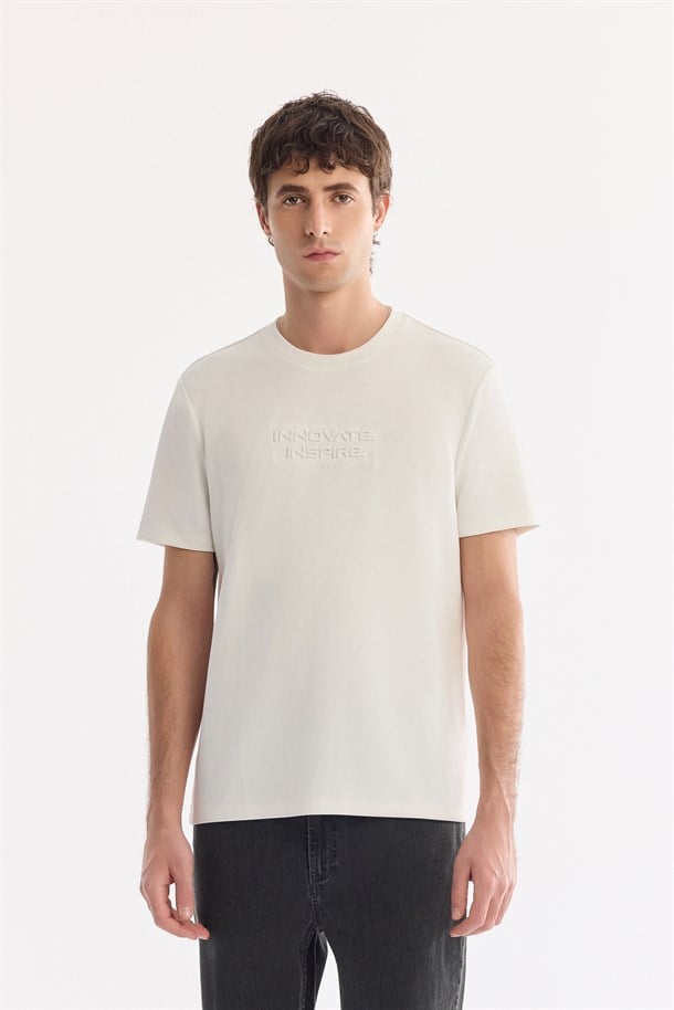 Ekru Bisiklet Yaka Baskılı İnterlok T-Shirt