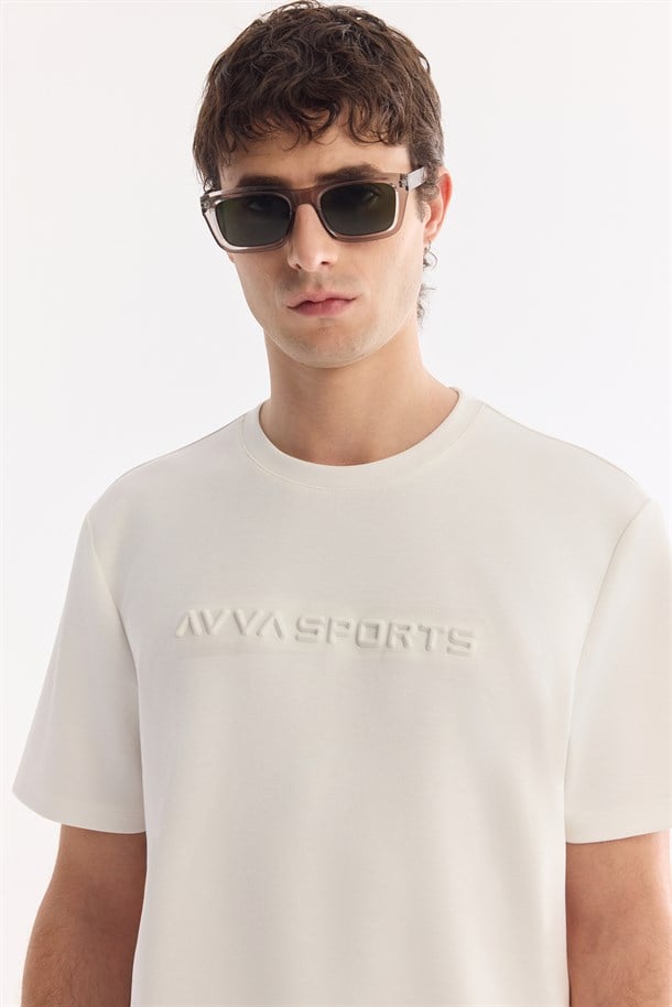 Ekru Yeşil Bisiklet Yaka Baskılı İnterlok T-Shirt