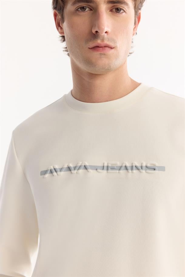 Ekru Bisiklet Yaka Kolay Ütülenen Bi-Stretch Baskılı Sweatshirt