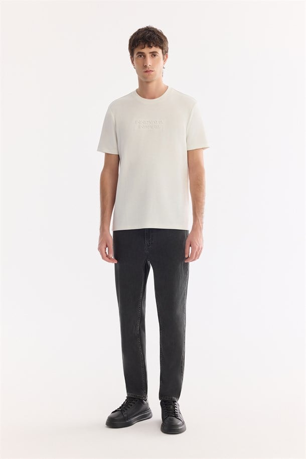 Ekru Bisiklet Yaka Baskılı İnterlok T-Shirt