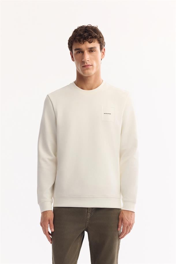 Ekru Bisiklet Yaka Kolay Ütülenen Bi-Stretch Baskılı Sweatshirt