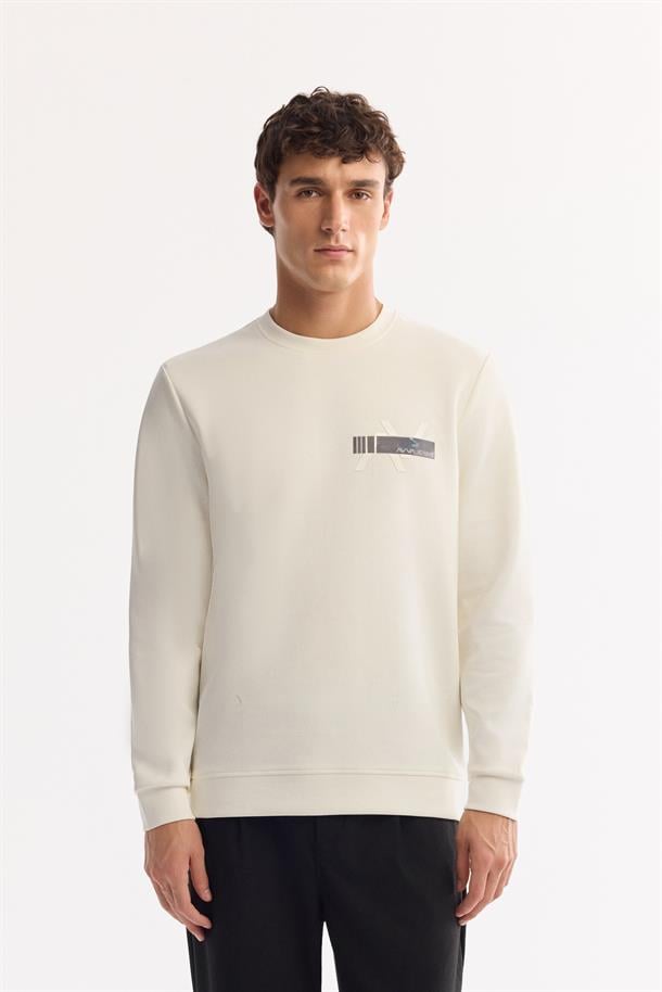 Ekru Bisiklet Yaka Kolay Ütülenen Bi-Stretch Baskılı Sweatshirt
