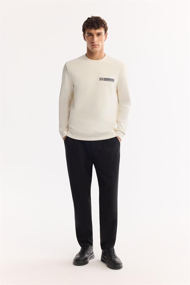 Ekru Bisiklet Yaka Kolay Ütülenen Bi-Stretch Baskılı Sweatshirt