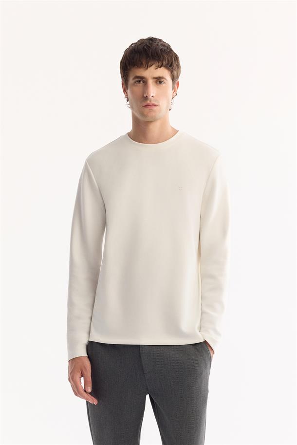 Ekru Bisiklet Yaka Viskon Karışımlı Bi-Stretch Basic Sweatshirt