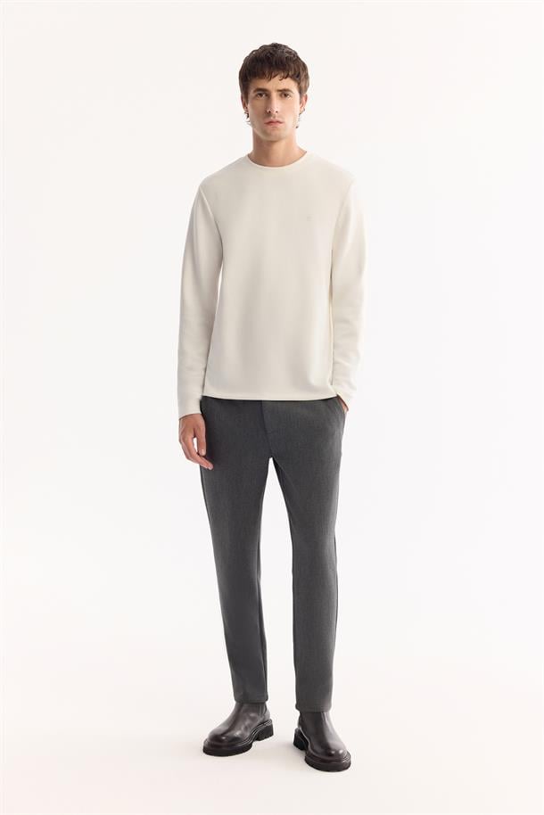 Ekru Bisiklet Yaka Viskon Karışımlı Bi-Stretch Basic Sweatshirt